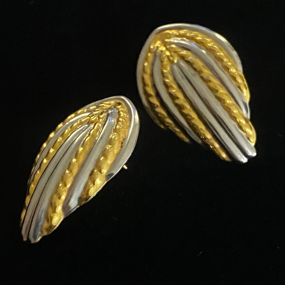 Vintage Light Metal Two Tone Gold Silver Leaf Shell Post Earrings Unsigned 1.25"
